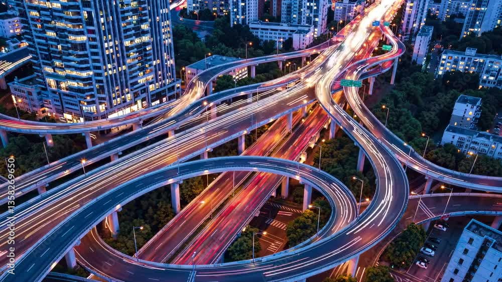 Poster intricate multi-level transportation system illuminated at twilight, revealing complex highway inter