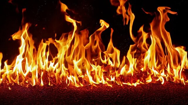 A dynamic video of intense flames captured at eye level, showcasing vibrant orange and red hues against a dark background, evoking energy and heat. Live desktop wallpaper.