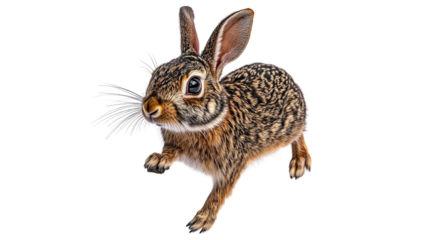 Cute brown rabbit hopping with fluffy ears and expressive eyes against a white backdrop