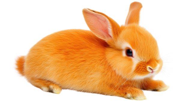 Adorable fluffy orange rabbit resting on a white background in a serene pose