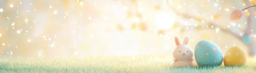 Obraz premium colorful easter eggs and rabbit on a green grass meadow with sun rays in t