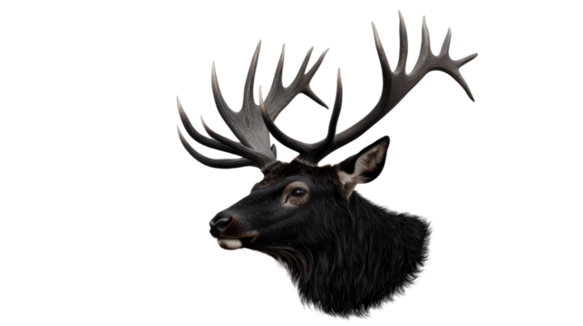 Realistic Black Deer Head with Antlers on Transparent Background for Nature and Wildlife Themes