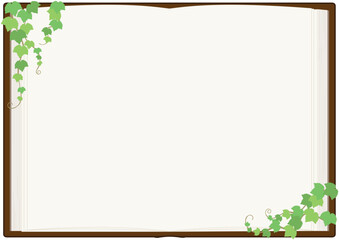 ツタの葉で飾られた本（見開き）のベクターイラスト