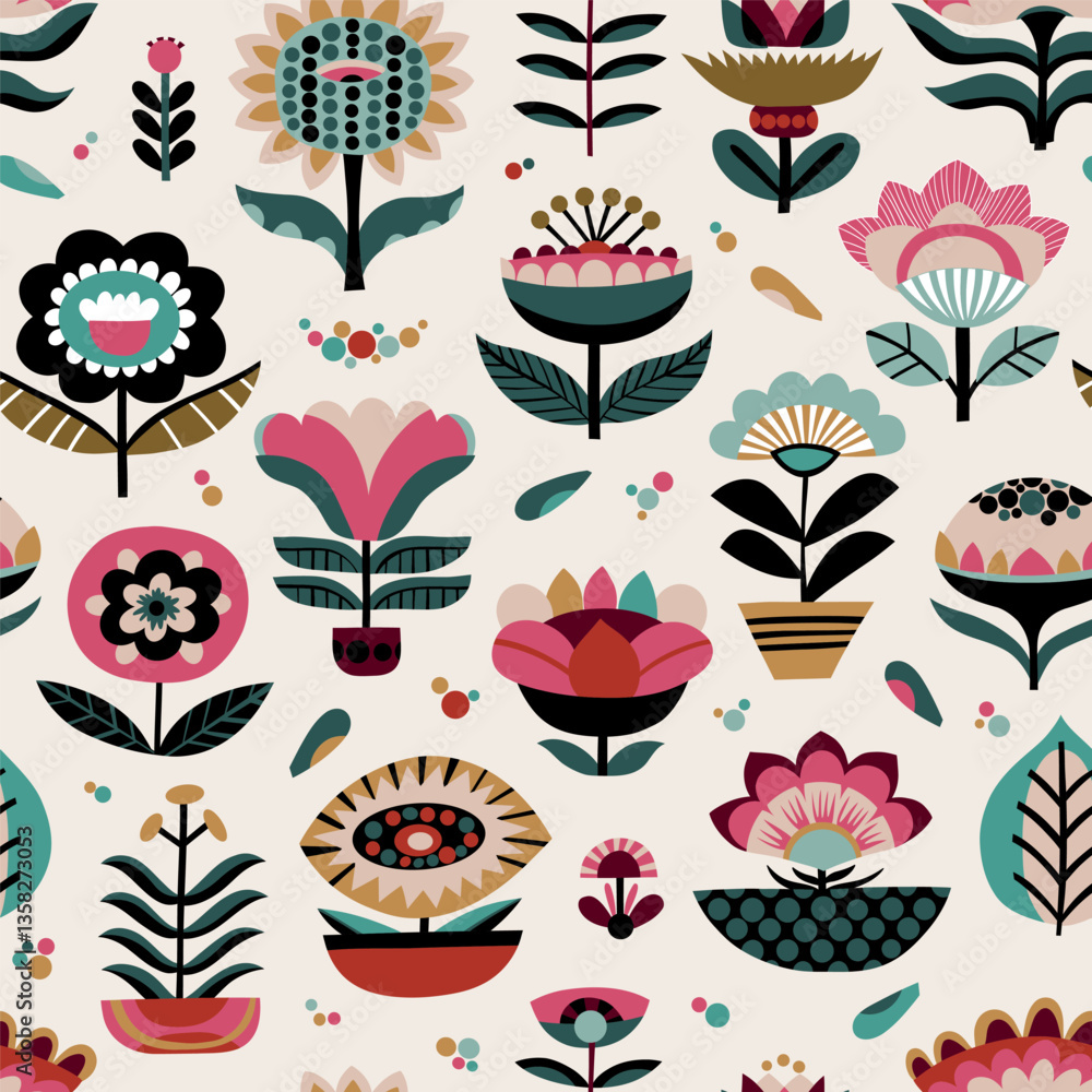 Poster vector minimalistic botanical graphic seamless pattern. vector flowers, simple plants floral shapes 