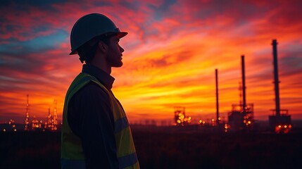 Silhouette of Worker in Safety Vest Against Dramatic Sunset Over Industrial Landscape with Smokestacks