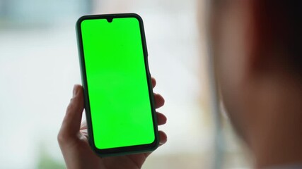 Hands scrolling chromakey mobile phone in office closeup. Unknown businessman - Powered by Adobe