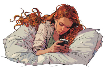 teen girl using phone in bed play isolated
