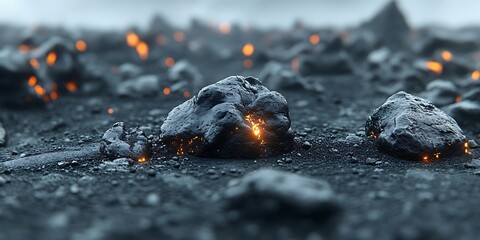 Rocks with glowing embers are shown on a ground surface