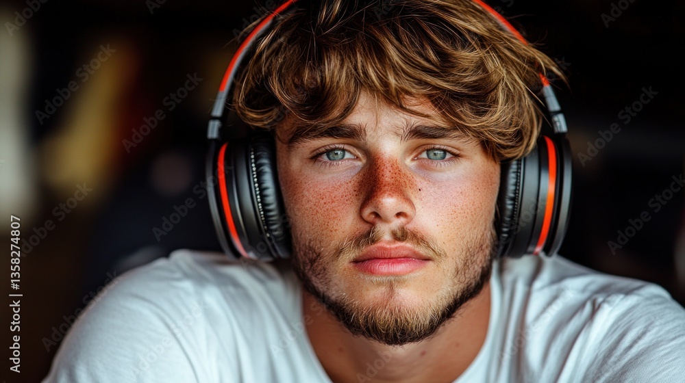 Poster a student using headphones for an interactive language lesson.