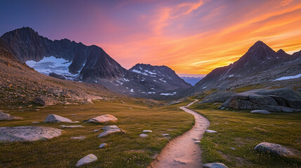 Scenic mountain trail with hikers at sunset against dramatic alpine landscape