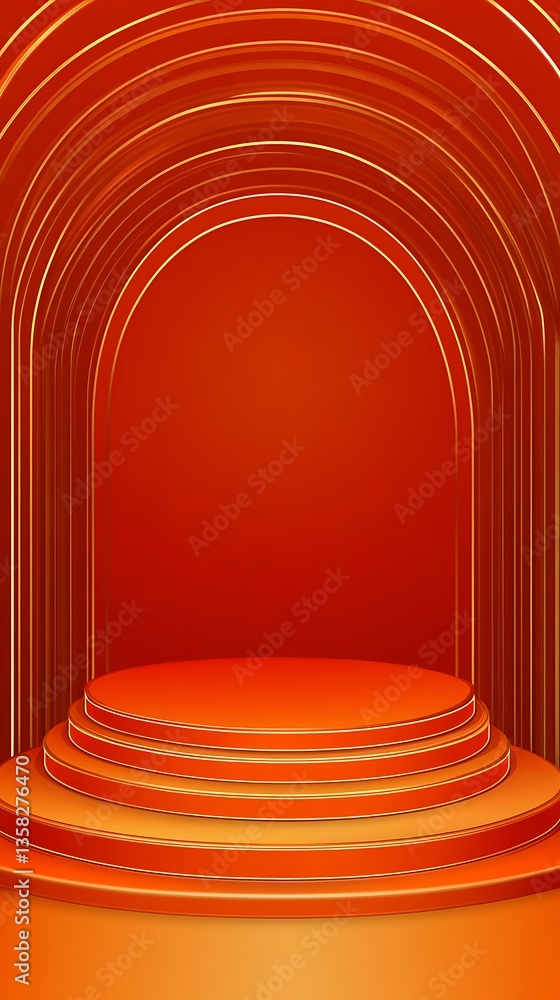 Fototapete abstract 3d render of a red and orange circular platform with archways