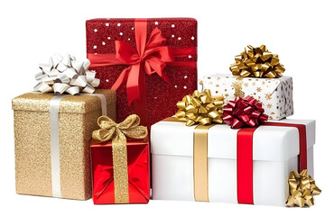 Obraz premium Illustration Colorful Gifts Stacked With Red Gold White Ribbons Bows