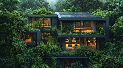 Modern Eco-Friendly House Surrounded by Lush Green Forest and Natural Landscape at Dusk
