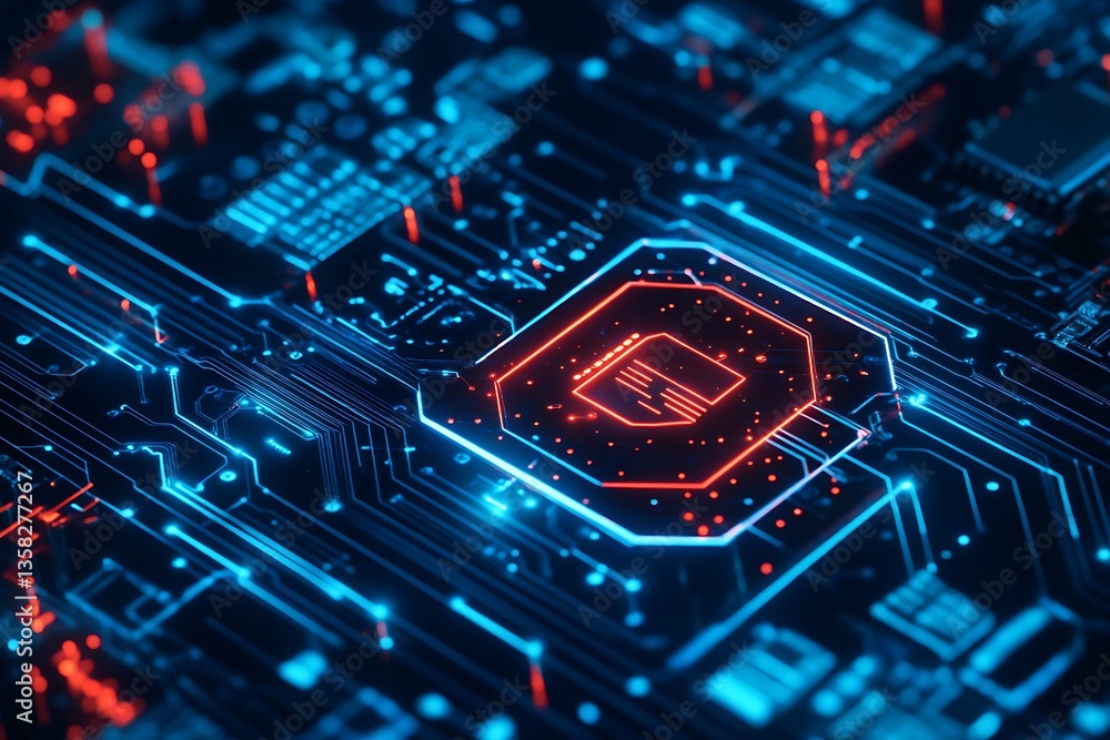 Fototapete closeup of a futuristic circuit board with glowing red and blue traces and a central processing unit