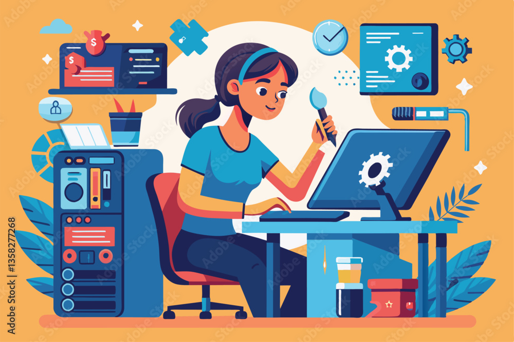 Poster a woman is focused on fixing programming issues on her computer in a vibrant, organized workspace, w