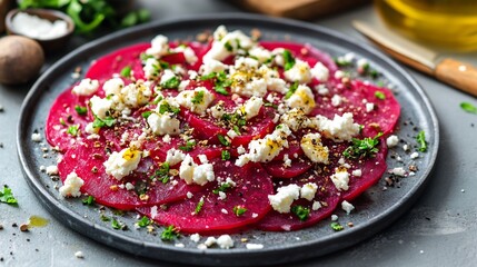 Ruby red beetroot carpaccio color focus artisan plate goat cheese crumble