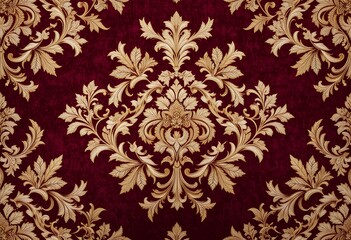 Vintage baroque style with gold floral damask pattern. red background.