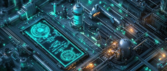 Fototapeta premium Green hydrogen facility blueprint industrial site high-fidelity visualization technological environment aerial view renewable energy concept
