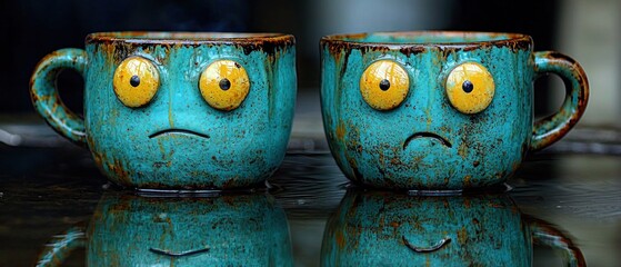 Two teal ceramic mugs with faces display sadness.  They're handcrafted with textured surfaces and large yellow eyes.  Reflected in a dark surface
