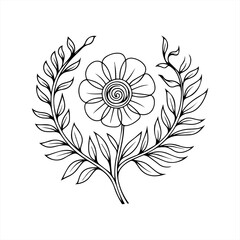 Hand-Drawn Floral Design with Spiral Flower and Curved Leaves