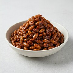 Obraz premium Korean Beongdegi Silkworm Pupa Snack in a White Bowl.