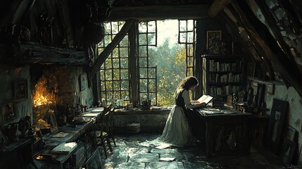 Rustic study with woman reading