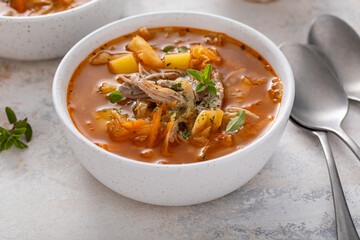 Cabbage and potato soup with pulled pork