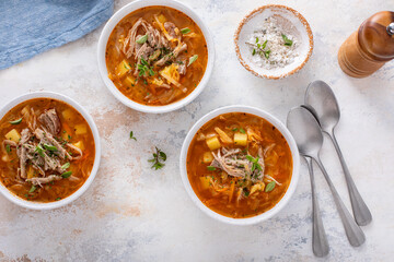Cabbage and potato soup with pulled pork