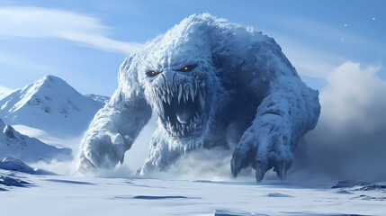 A formidable ice monster with sharp teeth and claws emerges from a snowy landscape. Titans Shard. Illustration