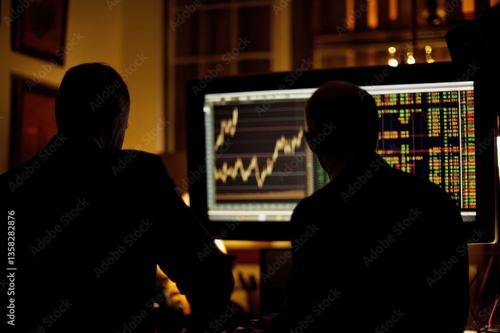 Poster busy financial analysts monitor market trends and stock data in a modern office environment during w