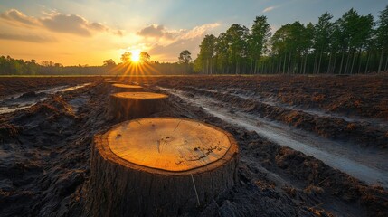 deforested landscape with tree stumps and barren soil, showcasing environmental impact on ecosystems and wildlife