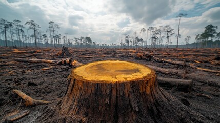 deforested landscape with tree stumps and barren soil, showcasing environmental impact on ecosystems and wildlife