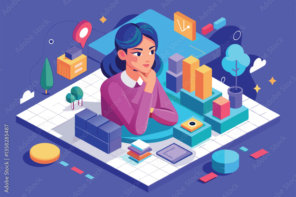 Poster a woman thoughtfully considers various concepts surrounded by colorful graphs and trees in a bright 
