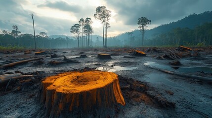 deforested landscape with tree stumps and barren soil, showcasing environmental impact on ecosystems and wildlife