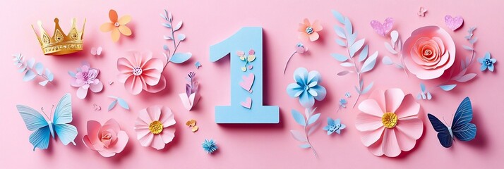 Happy Birthday, number one with paper cut crown, butterflies and flowers, pink background, vector illustration style