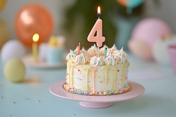 
Happy Birthday! A card with a birthday cake and a number four candle on top, in pastel colors.


