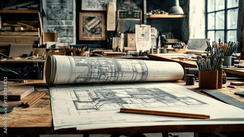 Aufkleber architectural workspace with detailed blueprints sketches and various design tools such as pens penc