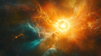 Resplendent sun, encircled by iridescent hues of boundless cosmic abyss, instills a profound sense of awe, unveiling unfathomable expanse of universe. Boundless Abyss. Illustration