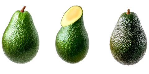 Isolated Background Three Green Avocado Fruits on Transparent Surface