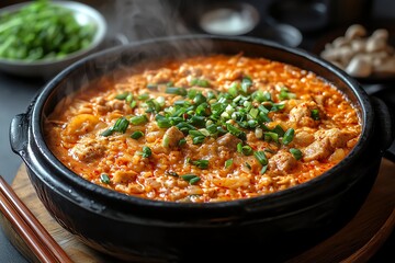 Steaming Hot Kimchi Jjigae Korean Stew with Rice and Pork