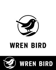 A modern, minimalist black-and-white wren bird logo, featuring a wren bird within a circular frame
