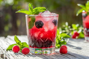 A vibrant glass filled with a berry drink showcases fresh raspberries and blueberries, crowned with mint leaves.