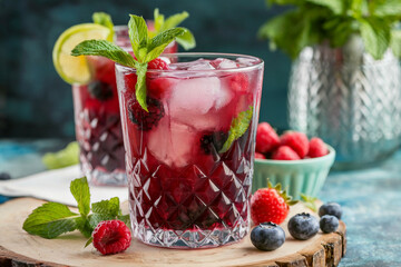 Brightly colored mocktails featuring raspberry, blueberry, and mint are artfully arranged on a wooden table, capturing the essence of summer gatherings under the warm sun.