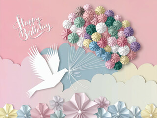 A delightful display of paper art features a white bird effortlessly carrying an array of colorful flowers against a soft pastel sky. This charming composition conveys a festive birthday spirit.