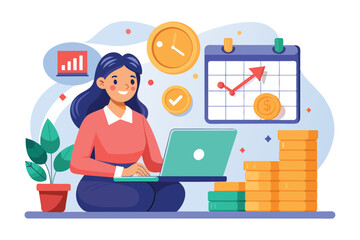 A woman is focused on her laptop, organizing her calendar and tracking her coins, managing her business tasks, Woman working on laptop with calendar and coins trending