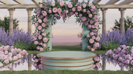 Flowery columns frame a stunning arch adorned with pink roses, setting a romantic ambiance. A serene platform reflects the beauty of twilight and vibrant gardens, ready for a special event.