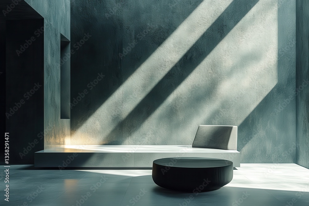 Poster modern black chair in a minimalist room with dramatic light streaming through a window, creating a s