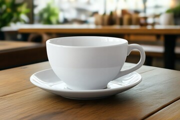 Fototapeta premium Elegant simplicity: A pristine white cup on a warm wooden cafe table