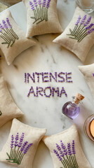 A beautiful arrangement of lavender sachets surrounds a vintage perfume bottle on a marble surface. The delicate scent fills the air, enhancing a serene and calming ambiance in the space.