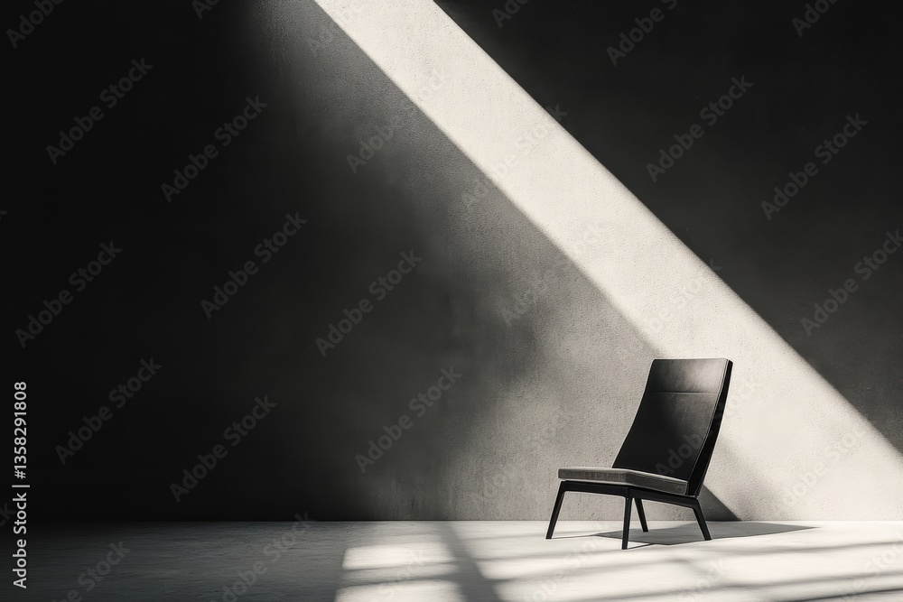 Poster modern black chair in a minimalist room with dramatic light streaming through a window, creating a s